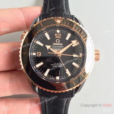 Swiss Replica Omega Seamaster Planet Ocean Deep Black GMT Ceramic & Rose Gold Watch